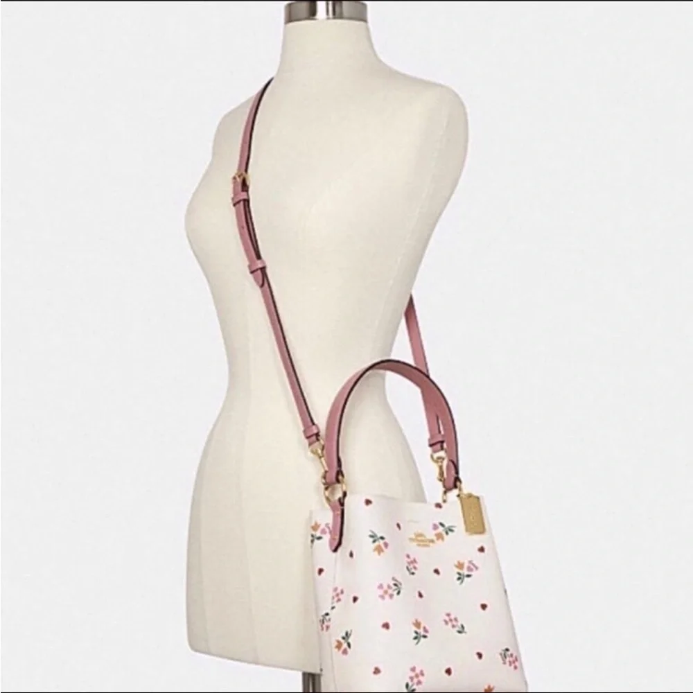 Coach Small Town Bucket Pink Leather Signature Canvas Heart Petal Print Chalk